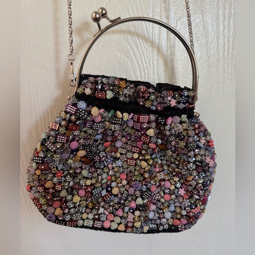 vintage 90s Y2K La Viola black beaded top handle clasp handbag